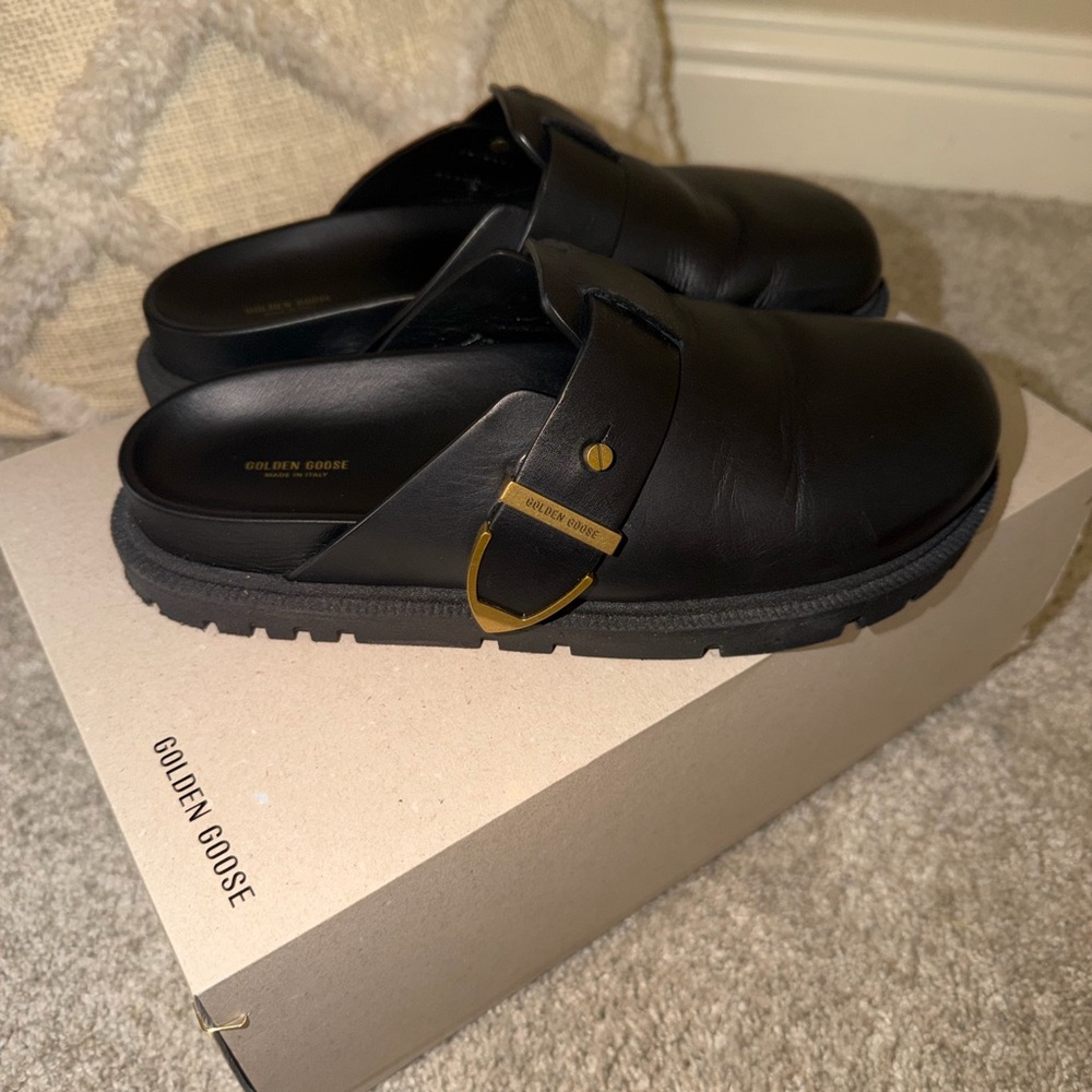 Golden Goose Black Leather Buckle Mules with Gold Accent